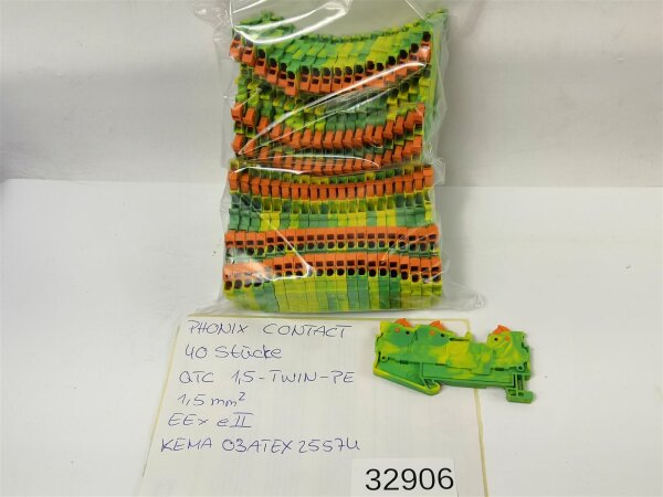 40 STÜCKE Phoenix Contact QTC 1,5-TWIN-PE Reihenklemme Durchgangsklemme 1,5mm² Grün-Gelb
