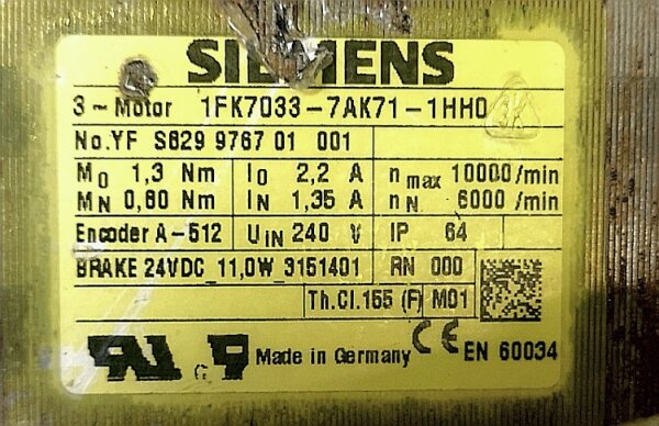 Siemens 1FK7033-7AK71-1HH0 Servomotor