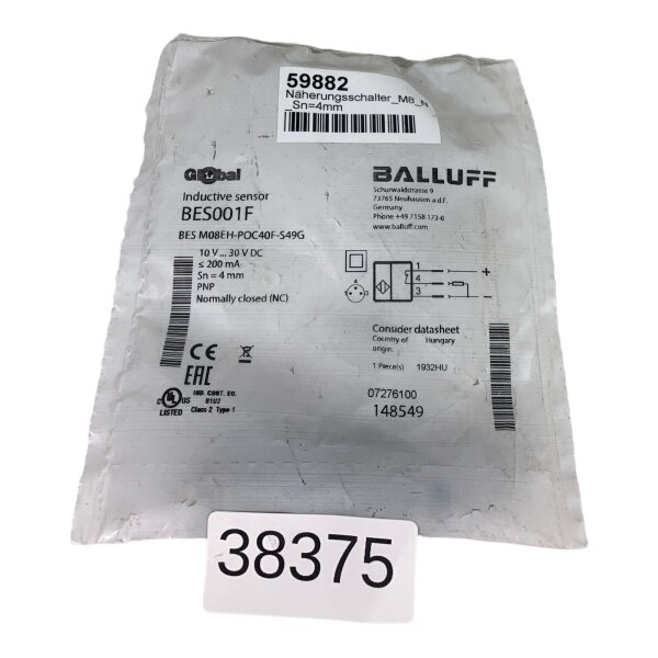 BALLUFF BES001F Induktiver Sensor BESM08EH-POC40F-S49G