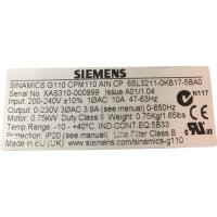 Siemens Sinamics 6SL3211-0KB17-5BA0 Frequenzumrichter 0,75 KW