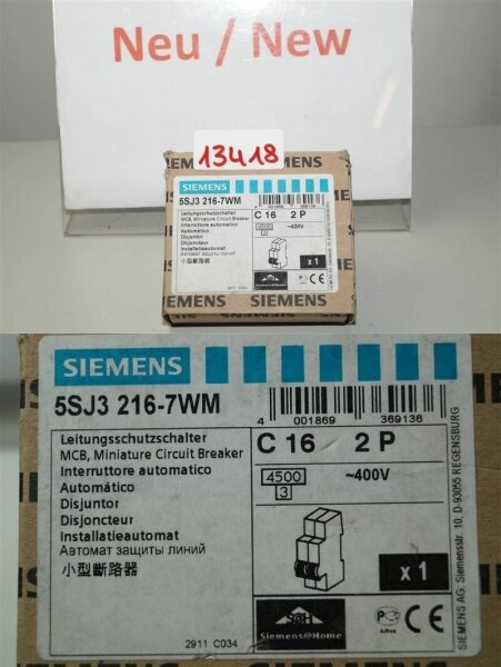 Siemens 5SJ3216-7WM Leistungsschutzschalter 5SJ32 MCB circuit Breaker C 16A  2P