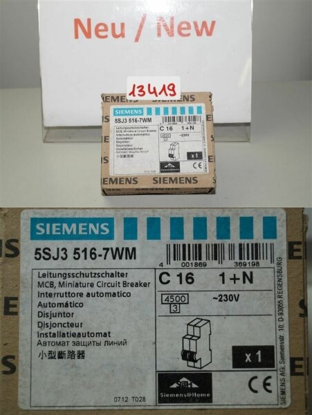 Siemens 5SJ3516-7WM Leistungsschutzschalter 5SJ35 MCB circuit Breaker C 16A  1+N